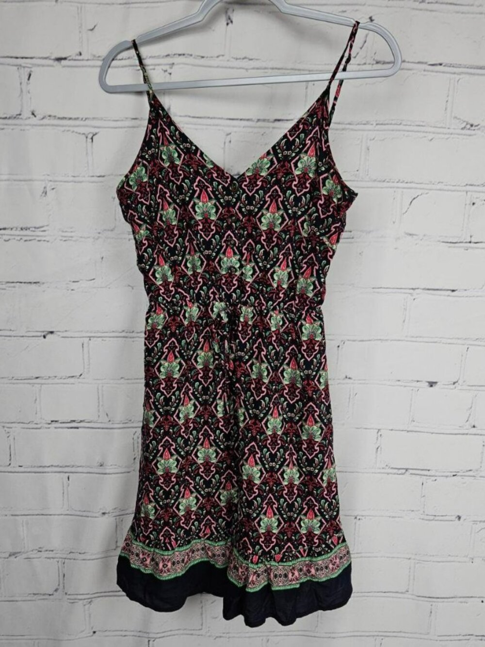 Boho Floral Sleeveless Cotton Sundress Womens M Border Hem Dress Button Front